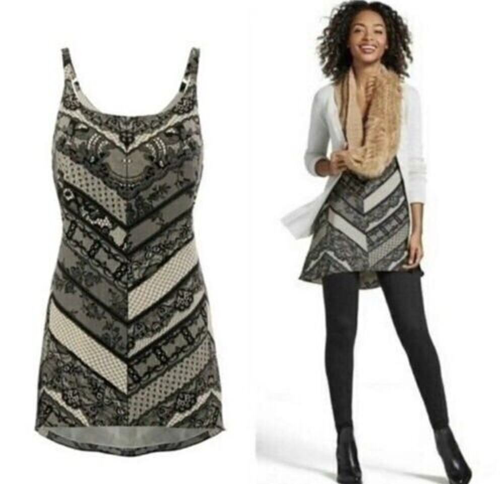 CAbi Monaco Cami Tunic Top Chevron Lace Print Fairy Dark Academia Black Size XS